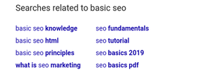 A list of keywords suggested by Google related to basic seo including SEO Fundamentals. 